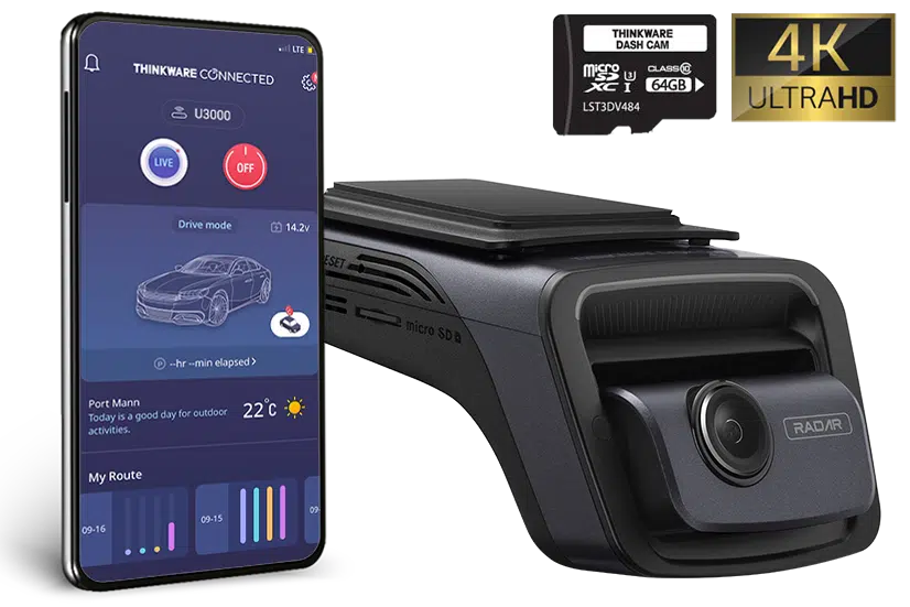 Thinkware U3000MU64C Dash Camera, 4K @ 30fps, 64GB, WiFi, GPS, Cloud, Radar with app, fast shipping, professional installation, technical support