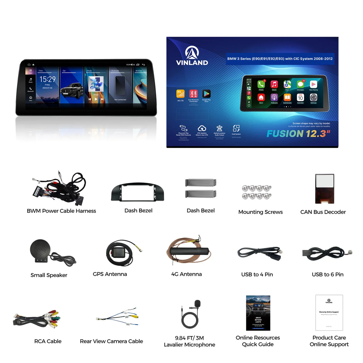VINLAND VBM3S412B8 12.3" Wireless CarPlay and Android Auto Screen for BMW 3 Series, M3