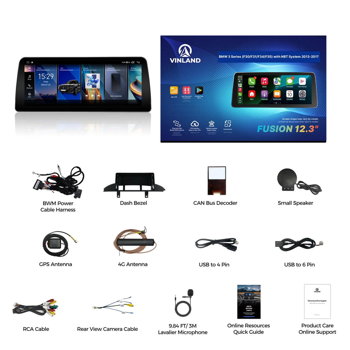 VINLAND VBM3S5L12B8 12.3" Wireless CarPlay and Android Auto Screen for BMW 3 Series, 4 Series, M3 and more