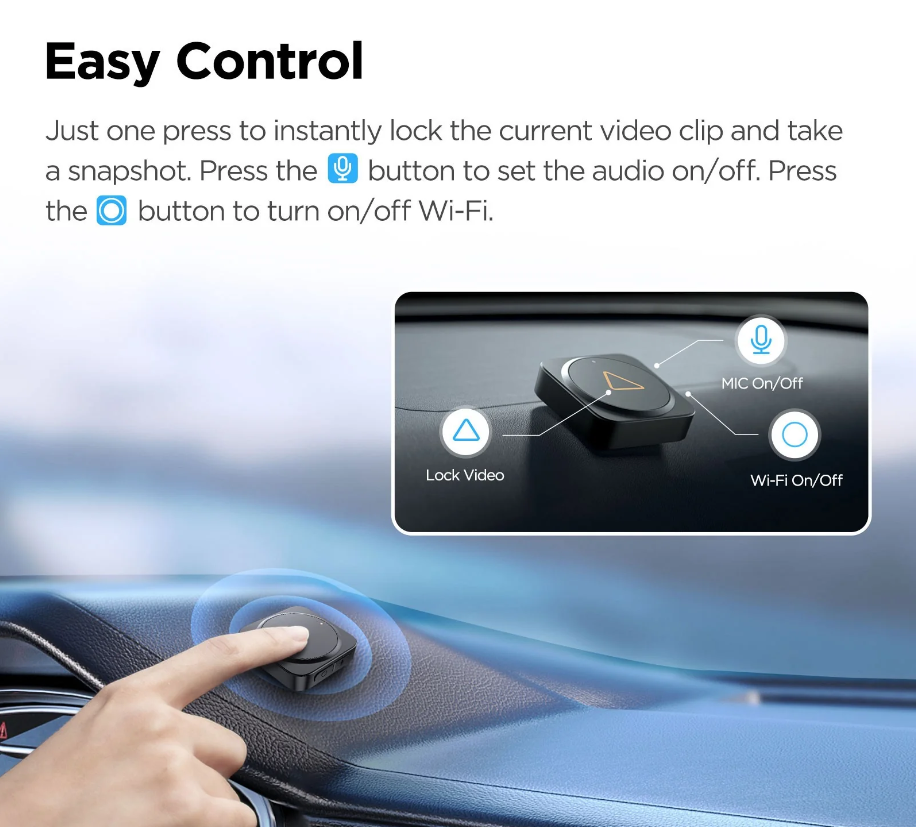 Viofo BTR200 Wireless Bluetooth Remote Control on car dashboard with finger pressing button for easy control.