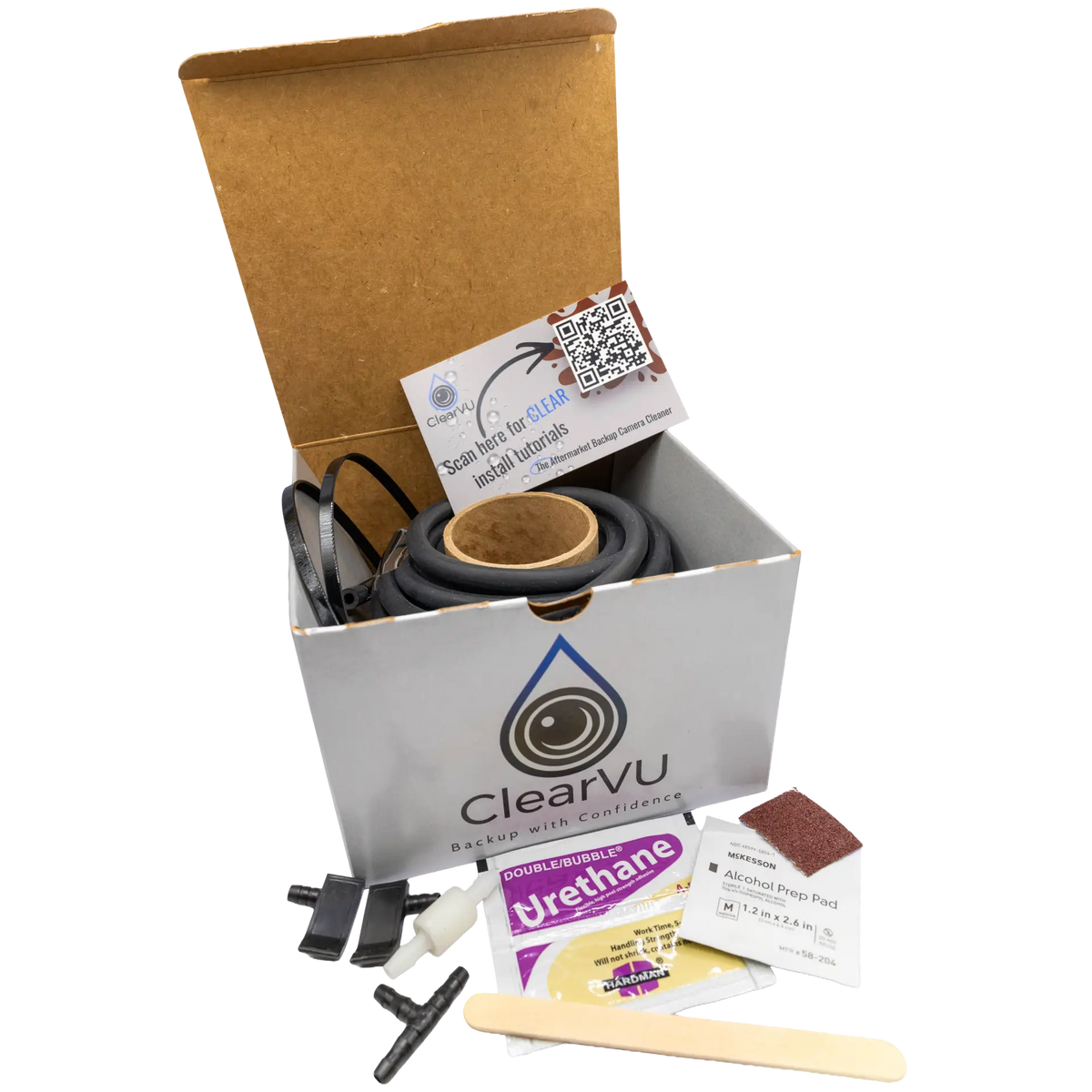 ClearVU backup camera cleaner kit in its box, with the nozzle, washer hose and fittings