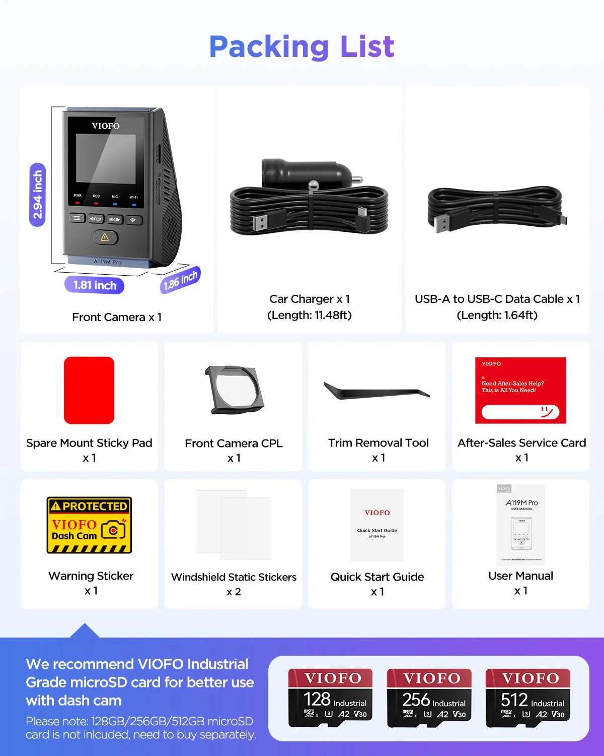 Viofo A119M Pro Dash Camera, 4K @ 30fps, 1.5" Screen, WiFi 6, GPS