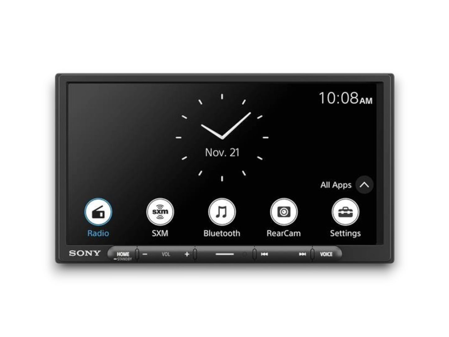 Sony XAV-AX4000 Multimedia Receiver, 7", Wireless CarPlay & Android Auto, Maestro, 2 Volt RCA with clock and app icons, professional installation available.