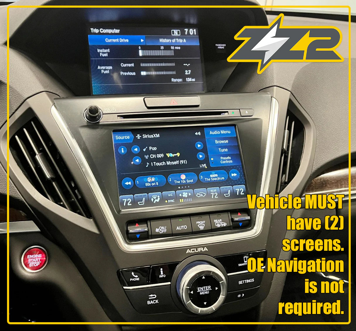 ZZ-2 ITZ-ACURA-A Wireless CarPlay and Android Auto Interface installed in Acura dashboard with dual screens, fast shipping.