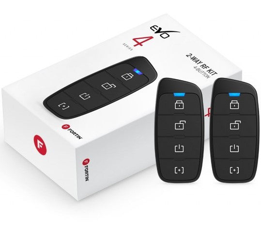 Two black key fobs with blue LED indicators displayed alongside white packaging featuring the Fortin logo and EVO 4 branding