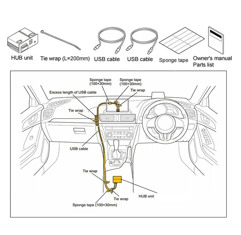 LDS EW-MZDCP-B01A Mazda CarPlay and Android Auto Interface installation diagram with accessories and professional support details.