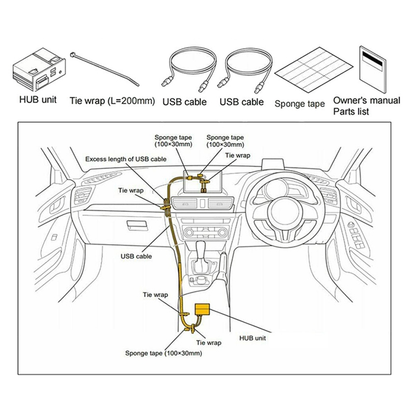 LDS EW-MZDCP-B01A Mazda CarPlay and Android Auto Interface installation diagram with accessories and professional support details.