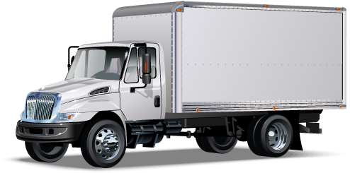 White box truck angled right with detailed cab, side mirrors, wheels, and cargo area against a transparent background