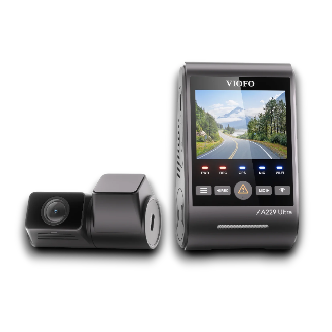 Black dash camera with LCD showing road view and icons for power, recording, GPS, microphone, and Wi-Fi connectivity