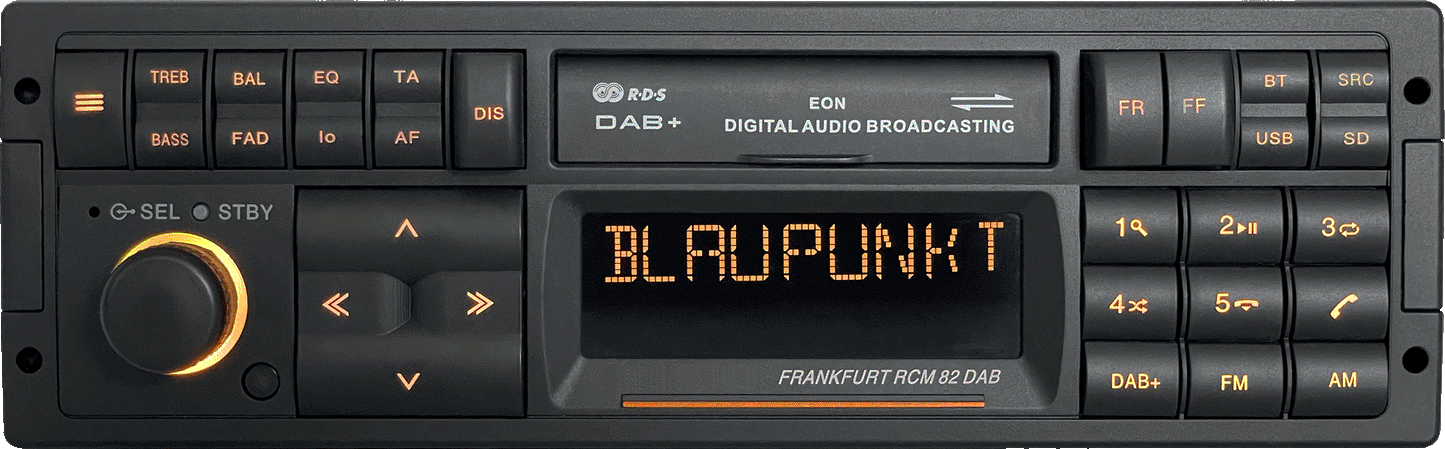 Blaupunkt FRANKFURT RCM 82 DAB Retro Car Stereo with Bluetooth showing digital broadcast display and classic control buttons by Connected Car Experts