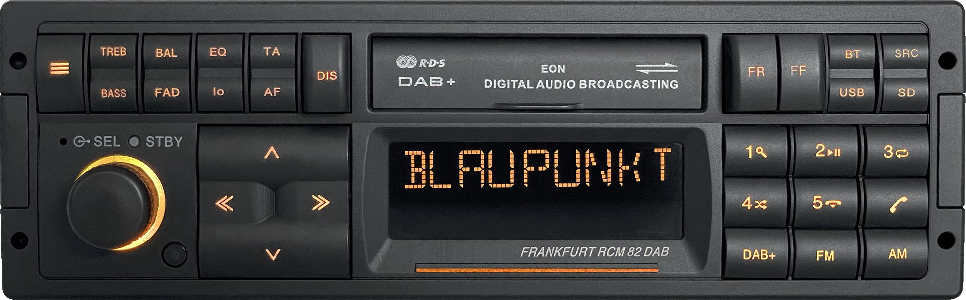 Blaupunkt FRANKFURT RCM 82 DAB Retro Car Stereo with Bluetooth showing digital broadcast display and classic control buttons by Connected Car Experts
