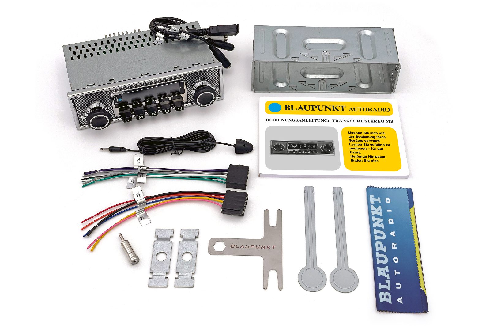 Blaupunkt FRANKFURT Retro Car Stereo with Bluetooth complete installation kit with wiring, brackets, tools, and manual by Connected Car Experts