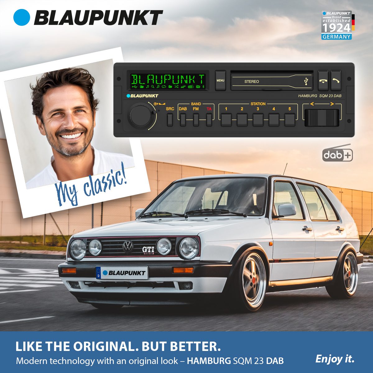 Blaupunkt HAMBURG SQM 23 Retro Car Stereo with Bluetooth displayed with vintage white car, pro install, fast shipping by Connected Car Experts