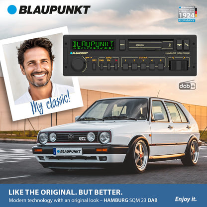 Blaupunkt HAMBURG SQM 23 Retro Car Stereo with Bluetooth displayed with vintage white car, pro install, fast shipping by Connected Car Experts