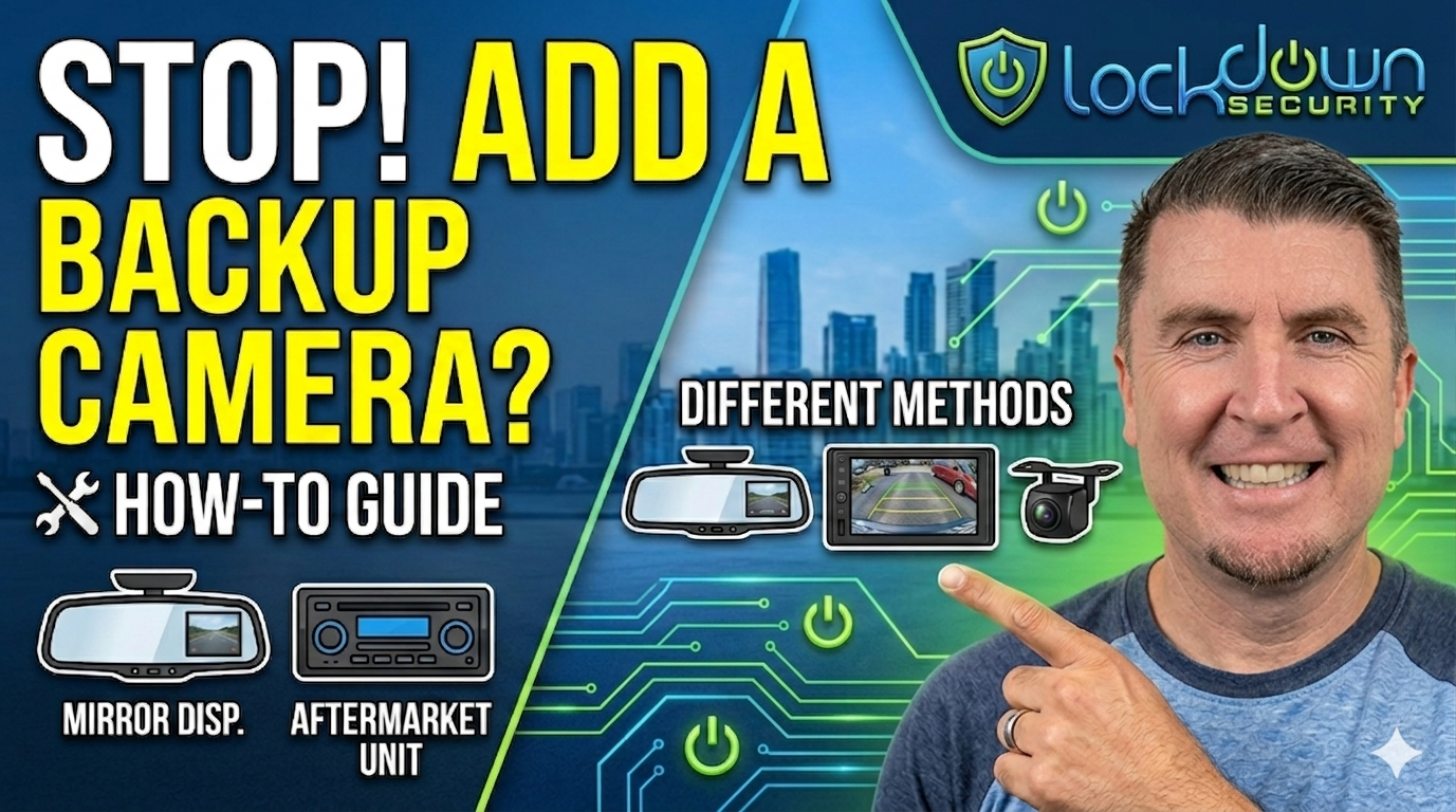 Man pointing at graphic with text about adding a backup camera and different installation methods next to a Lockdown Security logo