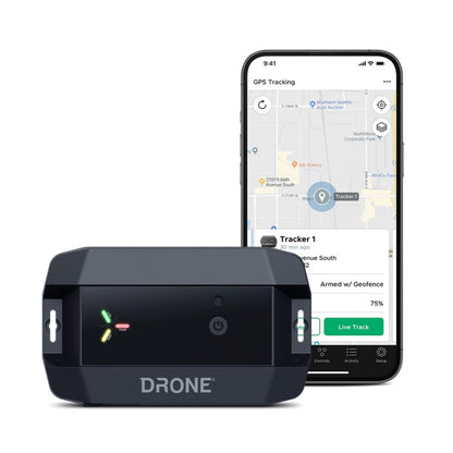DRONE XT-LTE Battery Powered Asset GPS Tracker shown with smartphone app displaying live GPS tracking location.