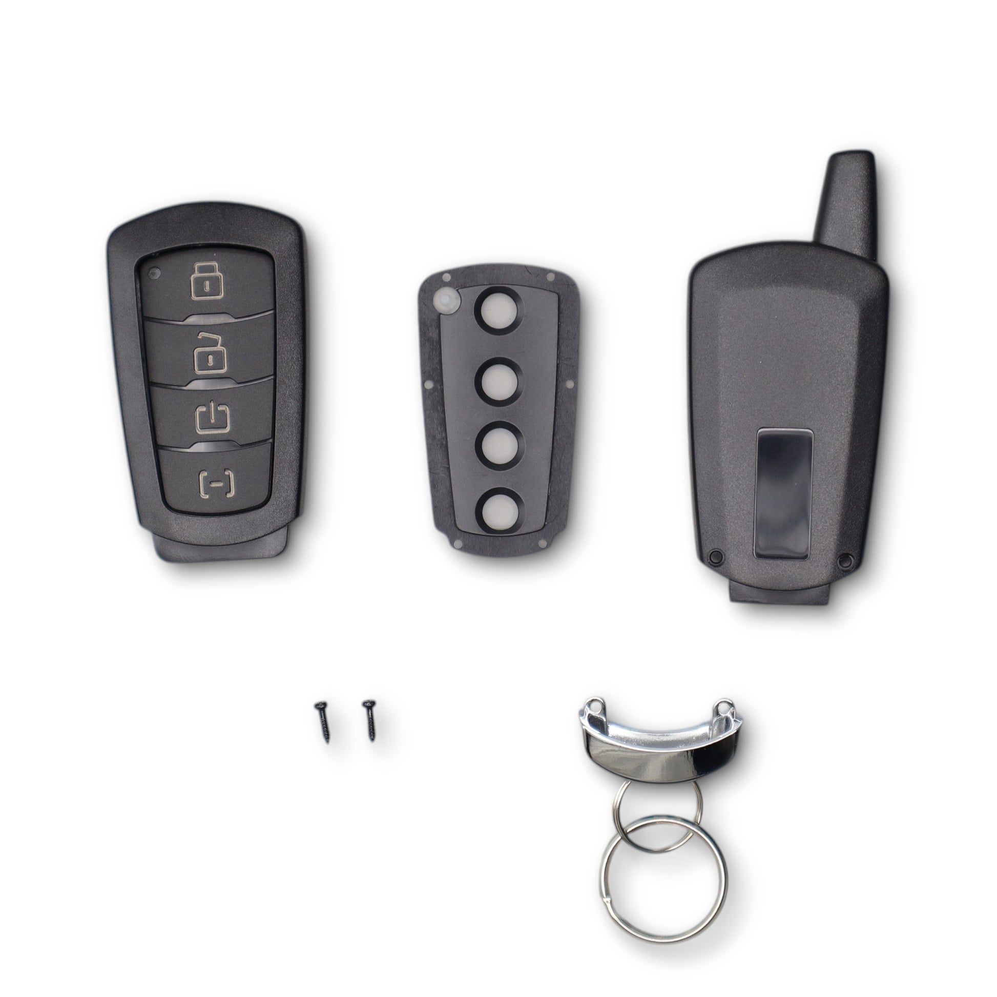 Fortin DTR-642 Key Fob Shell FCC ID: 2ACKU-R1W02FM with buttons, key ring, screws, professional installation included.