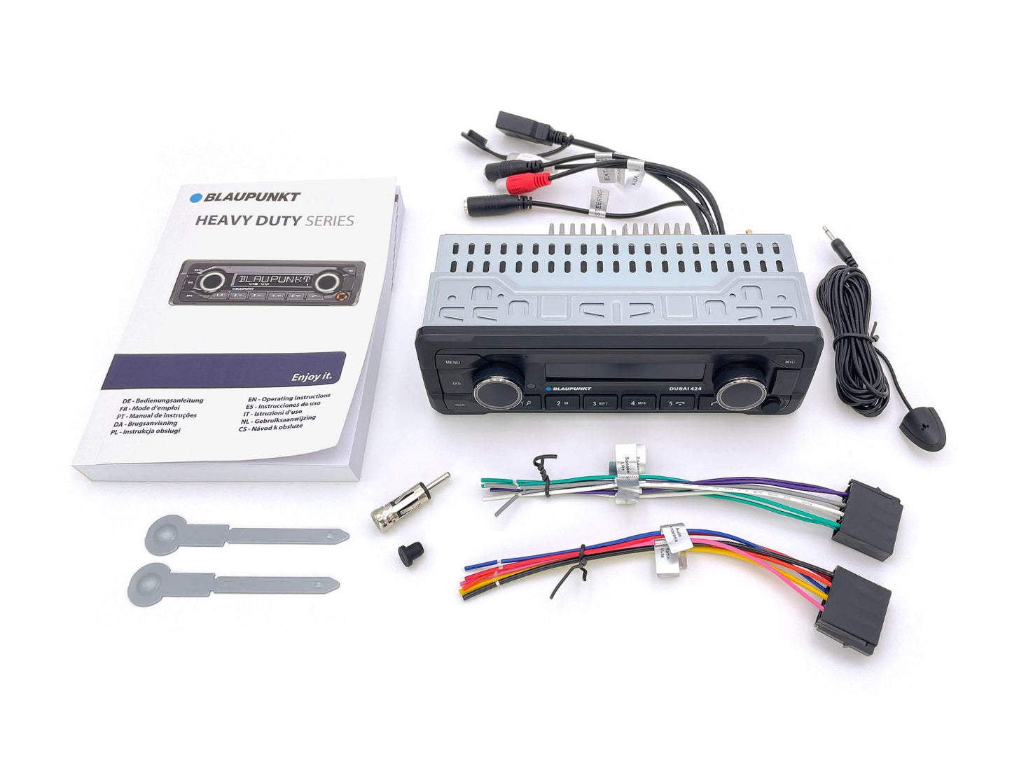Blaupunkt DUBLIN412 Heavy-Duty Receiver, Bluetooth, 12 Volt with wiring harness, manual, antenna adapter, pros at Connected Car Experts