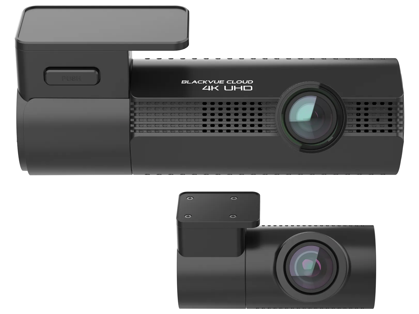 Black front and rear dash cameras in matte black with 4K UHD resolution and cloud connectivity for vehicle security systems