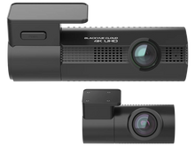 Black front and rear dash cameras in matte black with 4K UHD resolution and cloud connectivity for vehicle security systems