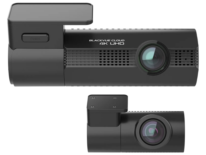 Black front and rear dash cameras in matte black with 4K UHD resolution and cloud connectivity for vehicle security systems