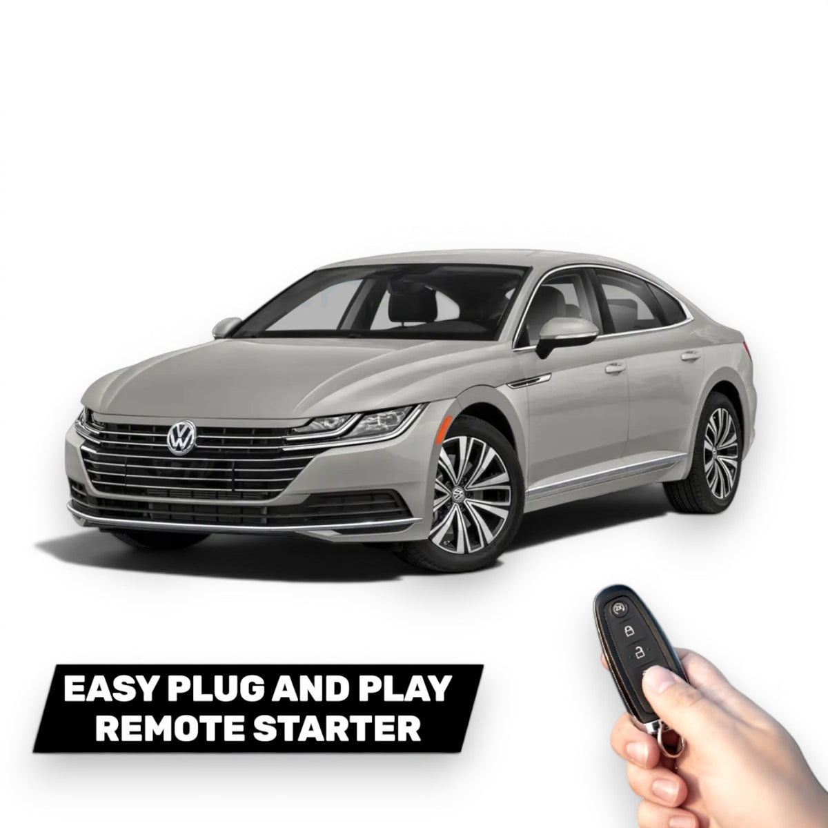 Silver Volkswagen sedan shown with hand holding remote key fob and text Easy Plug and Play Remote Starter