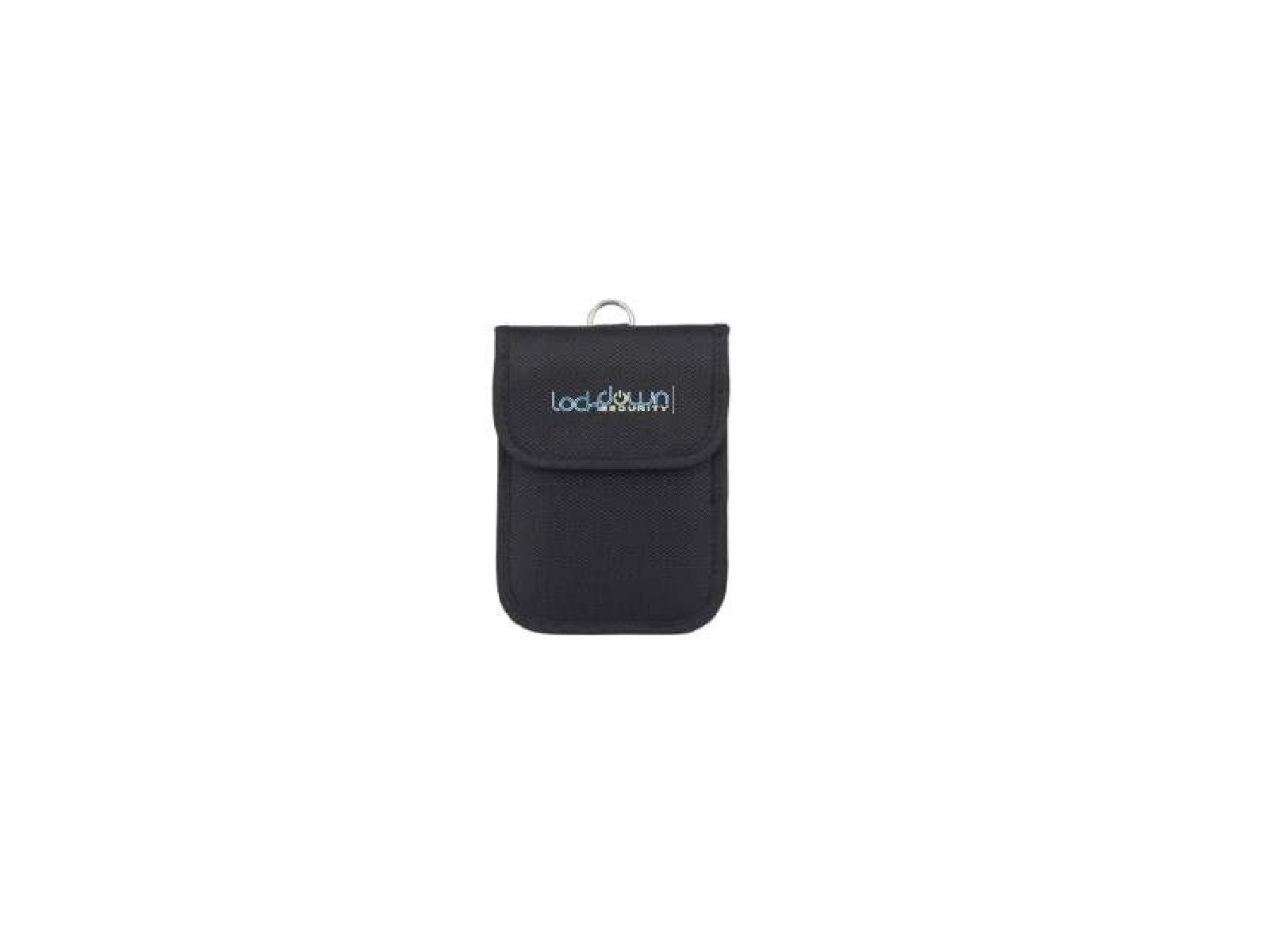 Small black fabric pouch with flap closure and metal ring, featuring subtle embroidered brand text on front panel