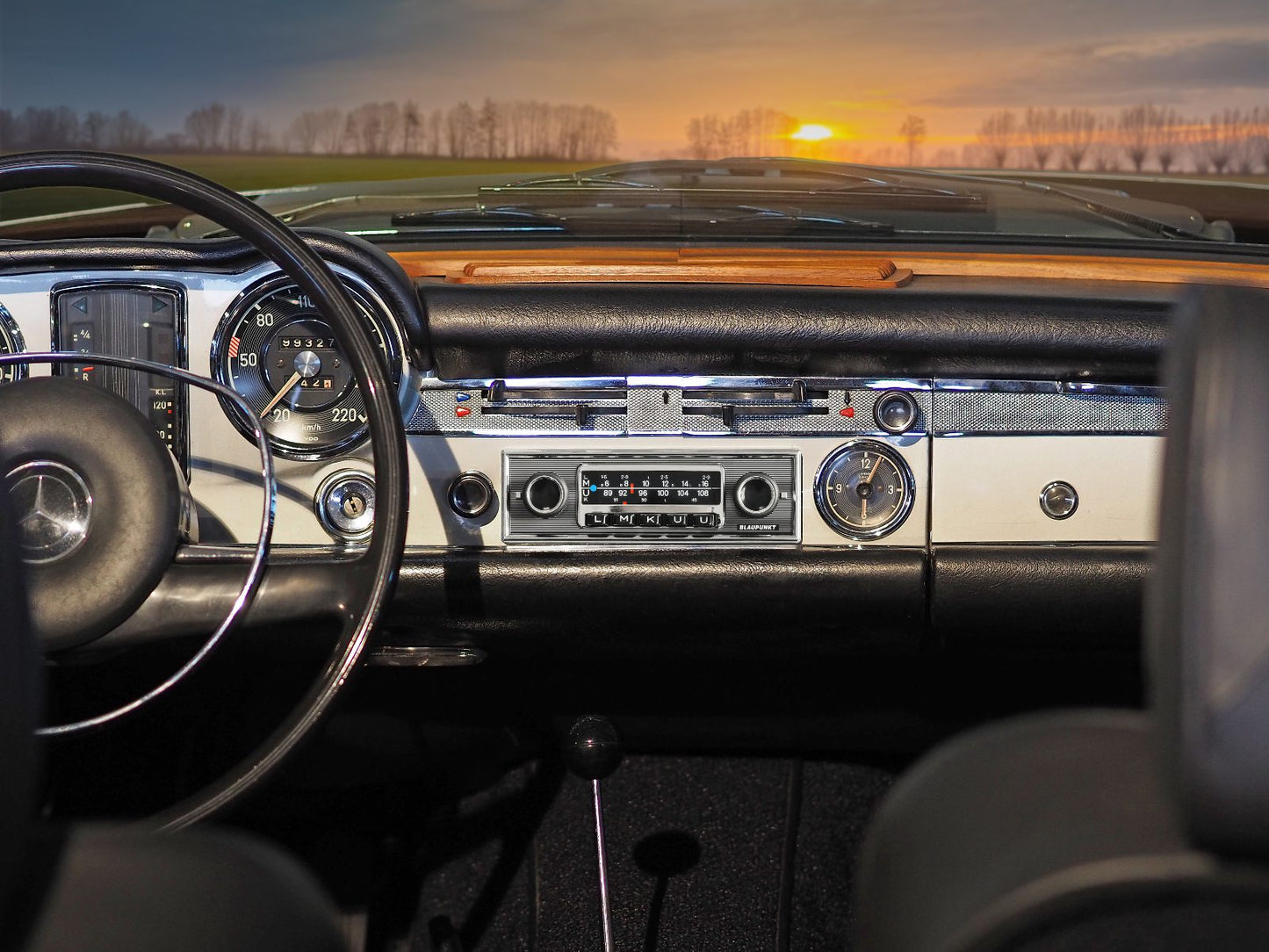 Blaupunkt FRANKFURT Retro Car Stereo with Bluetooth installed in classic Mercedes dashboard at sunset by Connected Car Experts