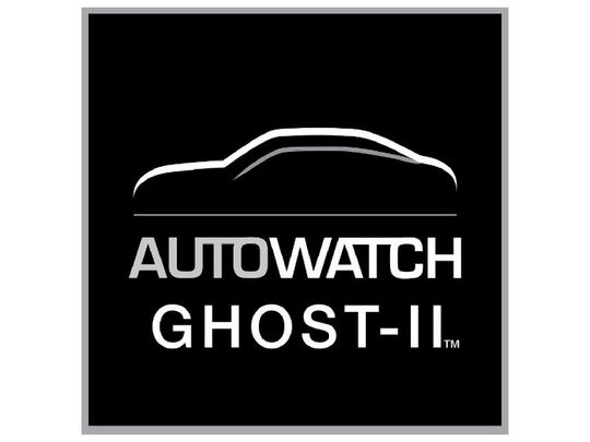 Minimalist silver car silhouette above AUTOWATCH GHOST-II text on black background representing vehicle security brand.