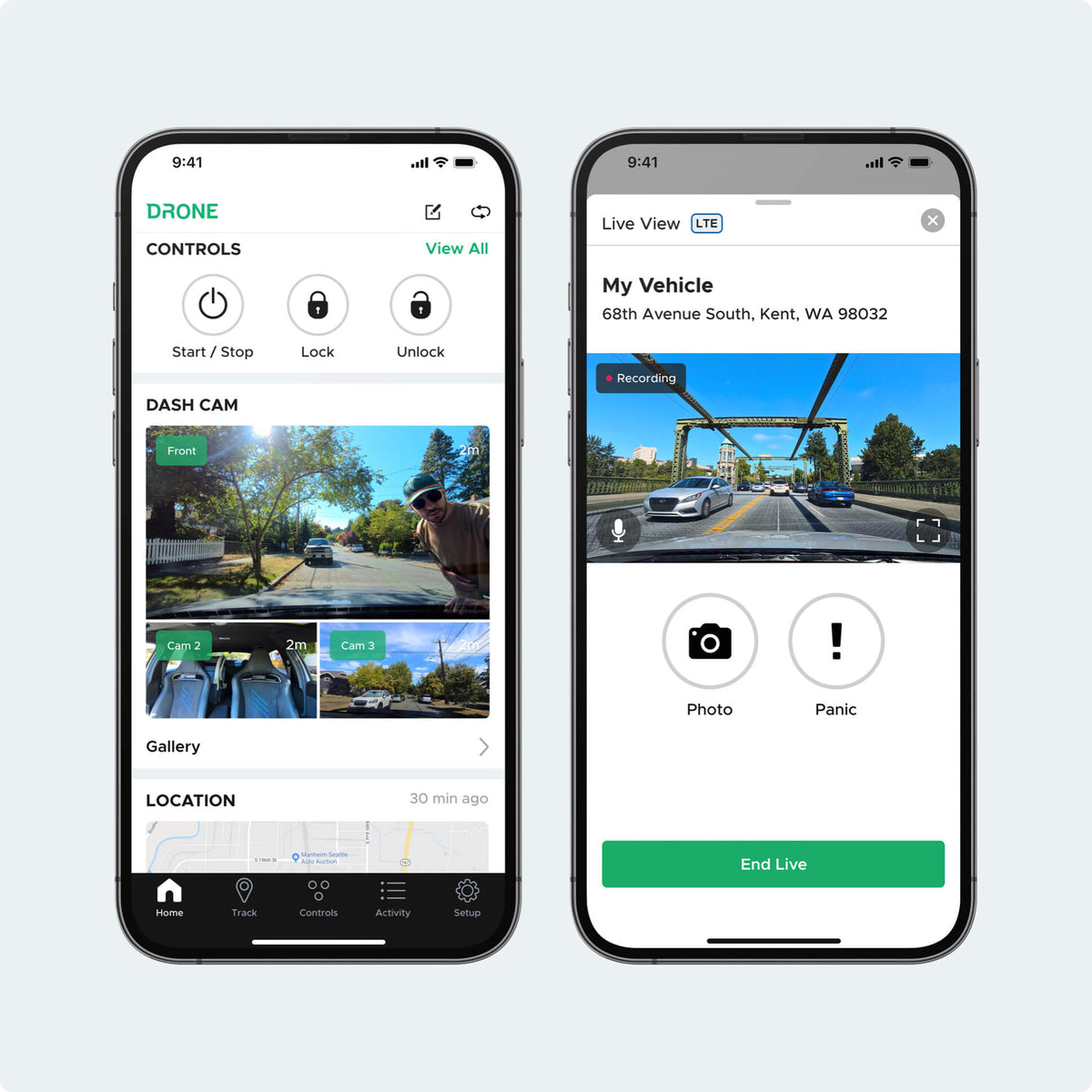 DroneMobile app screens for the DRONE XC2 dash camera