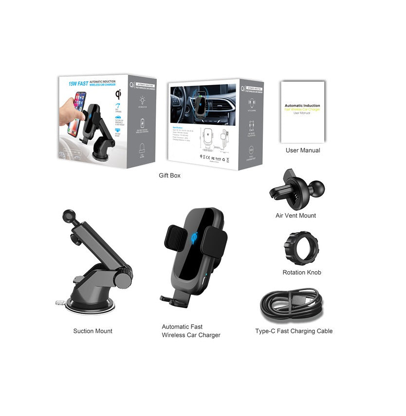 LDS WT-C15F 15W Wireless Phone Charger and Mount with Motorized Grip with mounts, cable, and manual displayed.