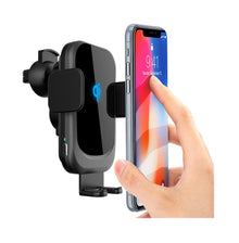 LDS WT-C15F 15W Wireless Phone Charger and Mount with Motorized Grip shown with a hand placing a smartphone inside.