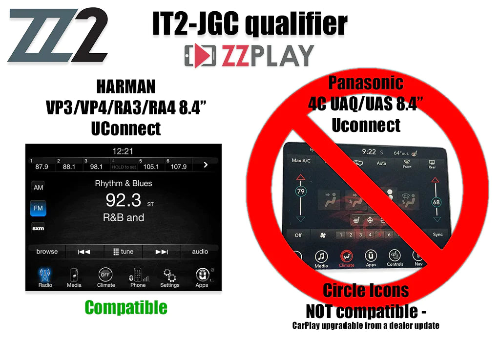 ZZ-2 IT2-JGC Wireless CarPlay and Android Auto Interface ⭕ Fits Harman VP3, VP4, RA3, and RA4 8.4" UConnect Radios with fast shipping and professional installation.