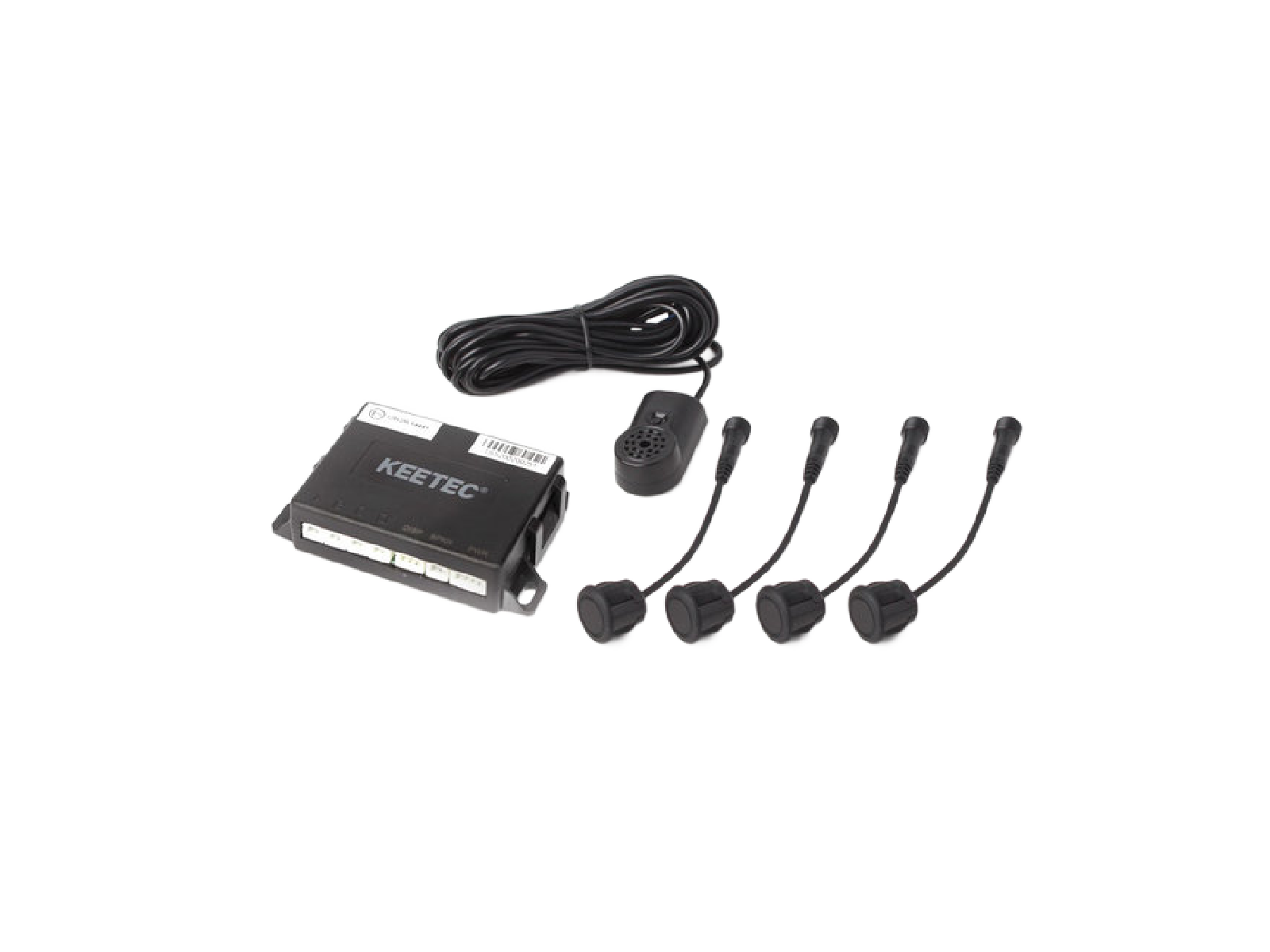 Compact vehicle parking sensor system with control module, four sensors, and wired connections on white background