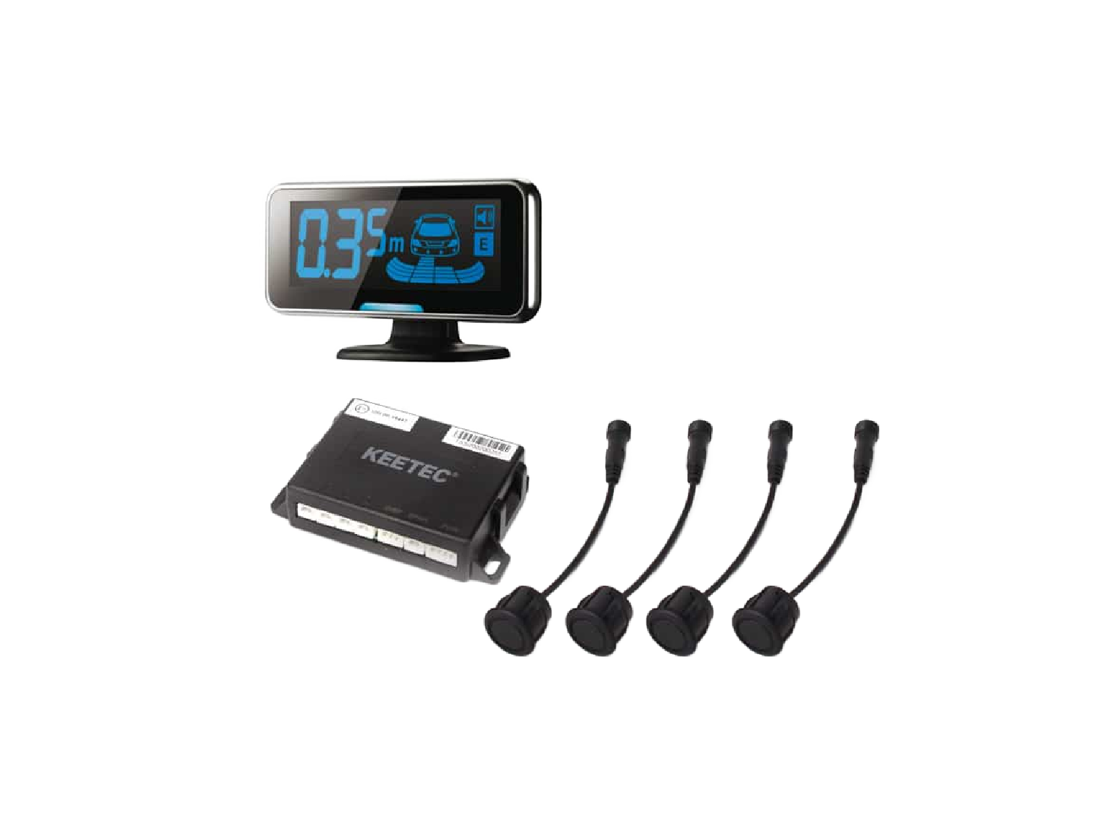 Digital car parking sensor system with display and four black ultrasonic sensors for vehicle assistance.