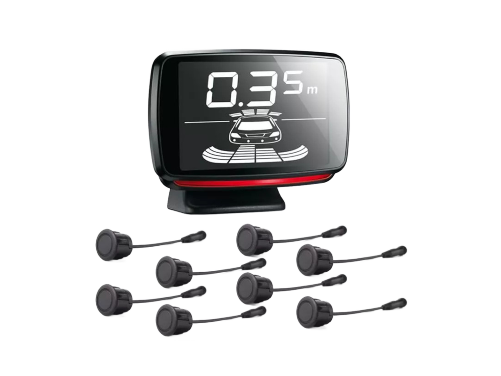 Digital parking sensor display showing 0.35 meters distance with eight black wireless sensor units below.