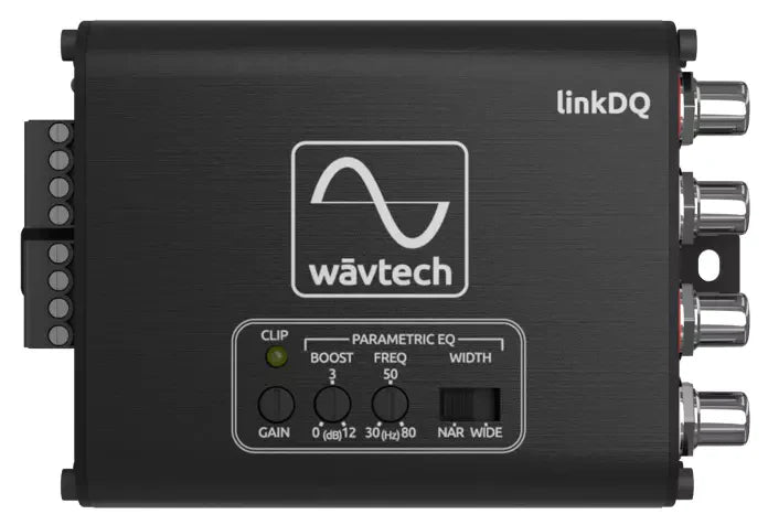 Top view of compact black audio device with gain and parametric equalizer controls and multiple RCA output connectors on side