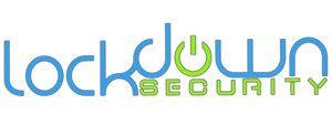 Lockdown Security logo featuring stylized blue and green lettering with a power button icon integrated into the design