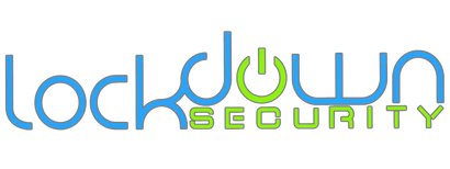 Lockdown Security logo featuring stylized blue and green lettering with a power button icon integrated into the design