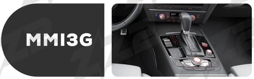 Car center console featuring gear shift, control dials, and climate controls with carbon fiber trim in modern vehicle interior