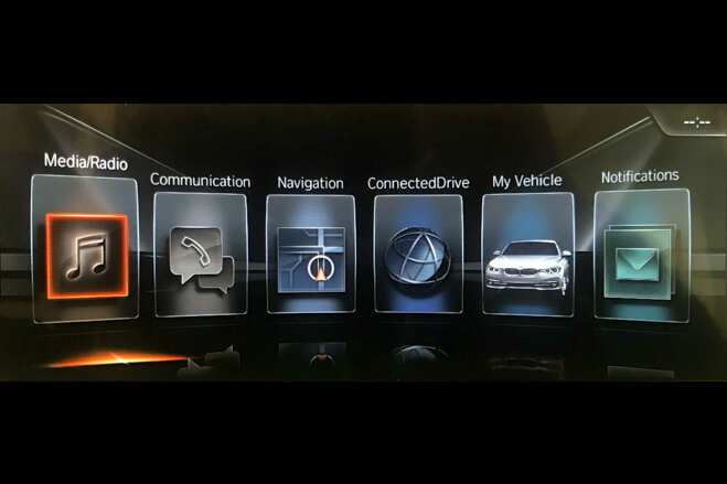 Car infotainment screen highlighting media, communication, navigation, vehicle status, and notification icons in a sleek interface.