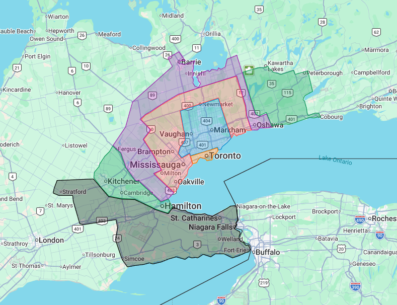 Colour-coded map of Lockdown Security's on-site installation zones in and around the Greater Toronto Area