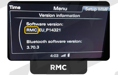 Car display screen showing software version and Bluetooth software information on a vehicle interface menu.