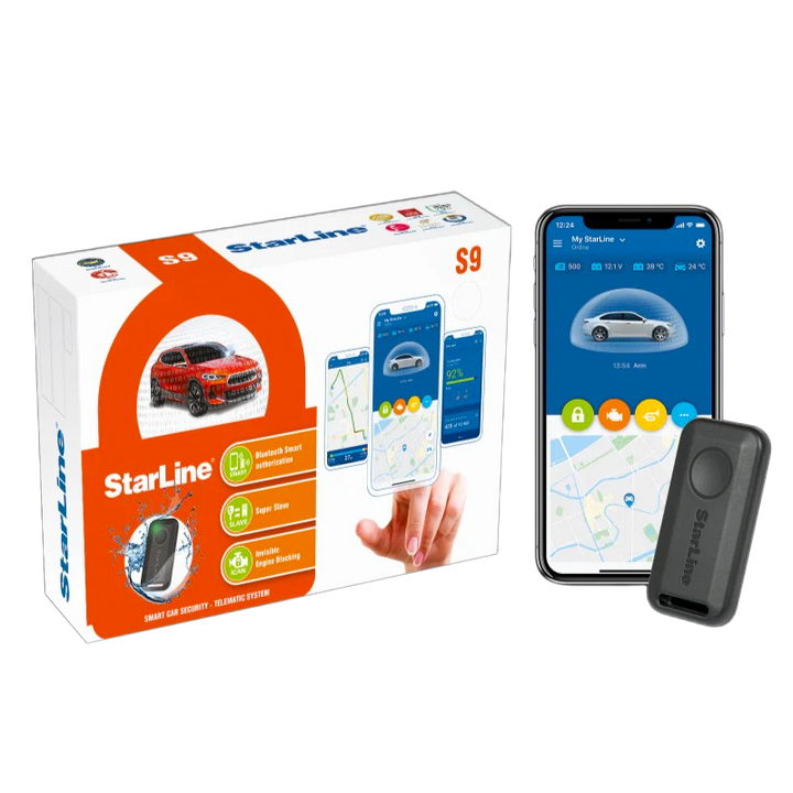 Car security system kit featuring key fob, smartphone app interface, and package with vehicle tracking and anti-theft icons