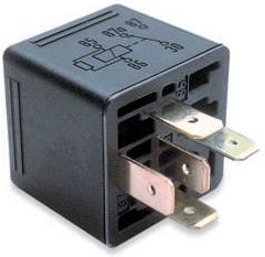 Black automotive relay with metal prongs and schematic diagram printed on black plastic casing