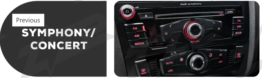 Car audio control panel with buttons for media, radio, and climate functions illuminated in red lighting