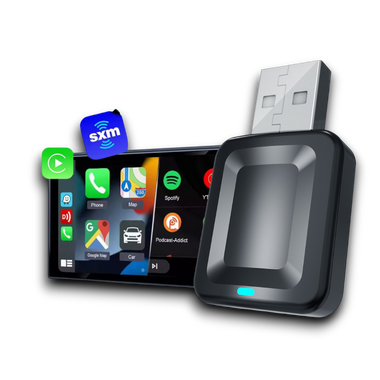 Compact black USB device shown with a digital car infotainment screen displaying navigation and media app icons