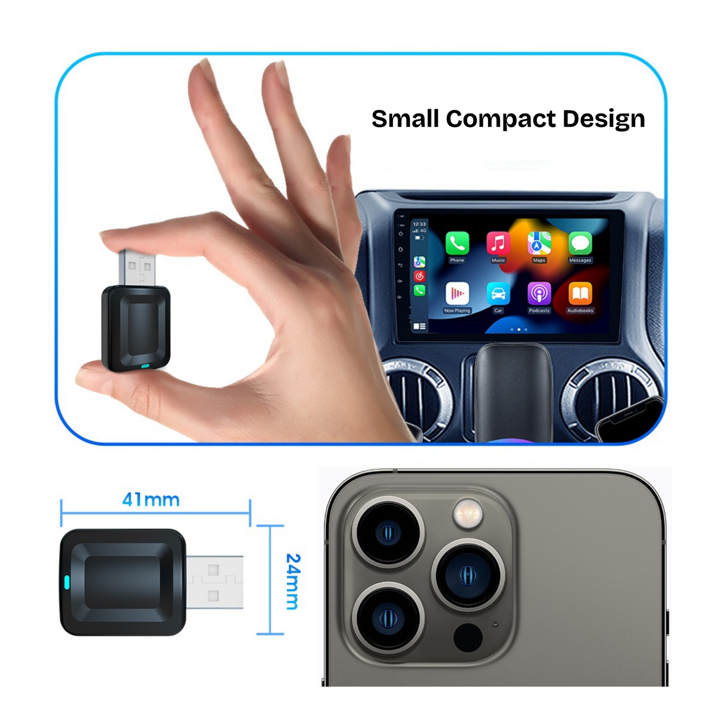 Lockdown Security Wireless Apple CarPlay & Android Auto Dongle and Motorized Phone Mount and Charger Bundle with compact design, fast shipping, professional installation, Connected Car Experts.