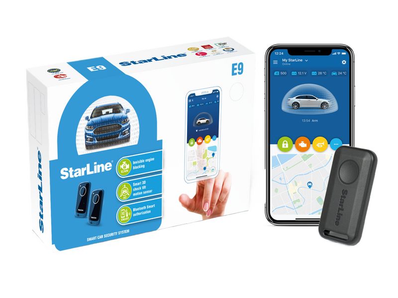 Smartphone displaying car security app with lock and location icons alongside remote key fobs and product box.