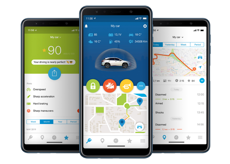 Three smartphones displaying different vehicle security app screens with driving score, car status, and location map features.